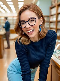 The womans bright hazel eyes widen in surprise as she approaches the store display window