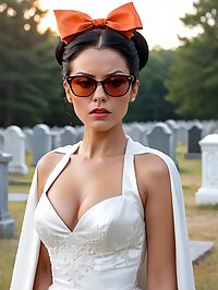 A sensual and beautiful woman in a white wedding dress poses seductively by the cemetery at twilight
