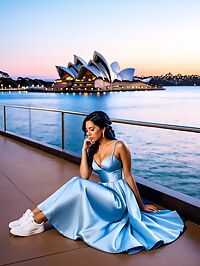 A curvaceous woman in a blue wedding dress seduces